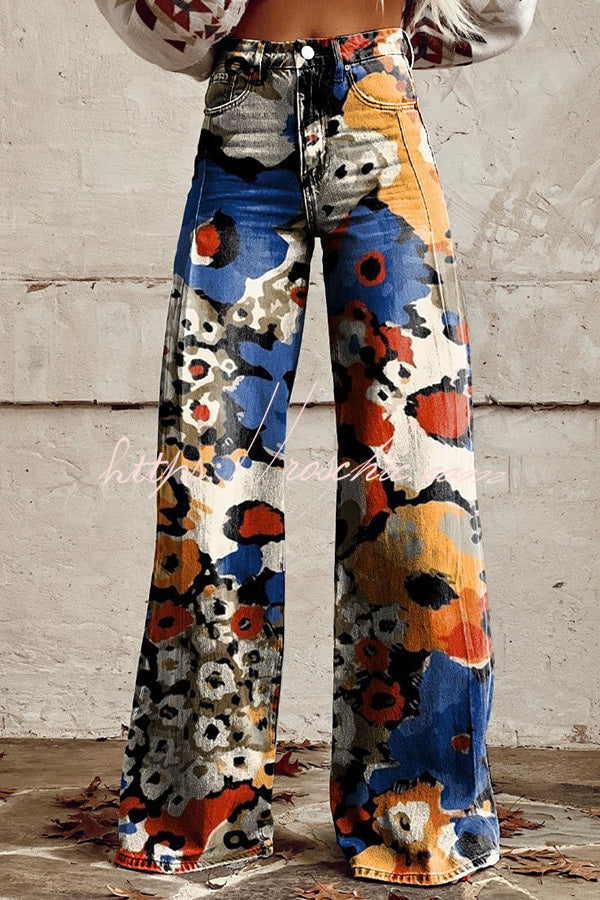 Unique Print Button Pocket Wide Leg Pants