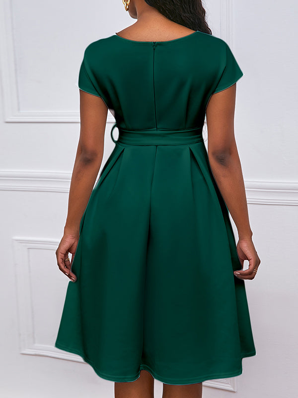 Bowknot Lace-up Color V-neck Midi Dresses