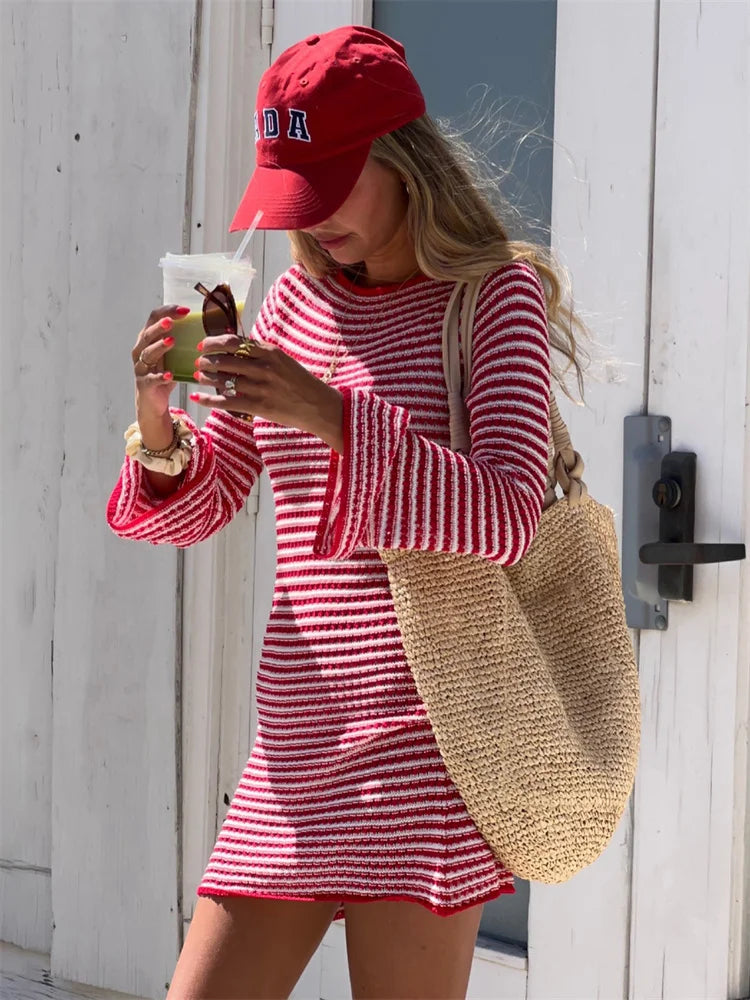 Striped Knit Sweater Mini Dress Female Patchwork High Waist Contrast Zebra Printed Beach Dress Knitwear Dress Autumn