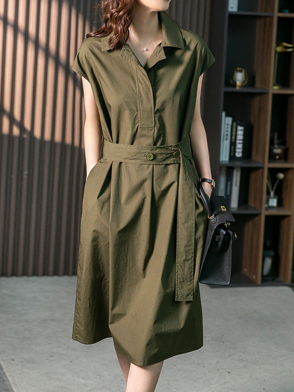 Short Sleeves Bandage Color Lapel Midi Dresses