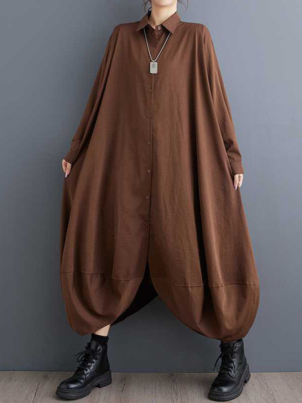 A-line Long Sleeves Buttoned Pockets Color Split-joint Lapel Midi Dresses Shirt Dress