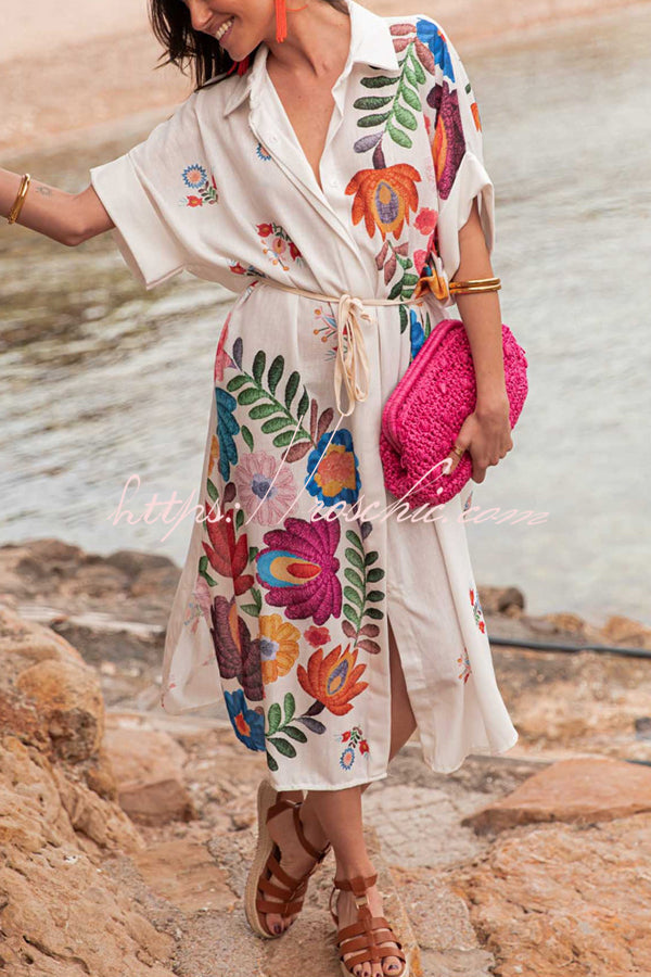 Plant Print Lapel Short Sleeve Waist Tie Loose Vacation Midi Dress