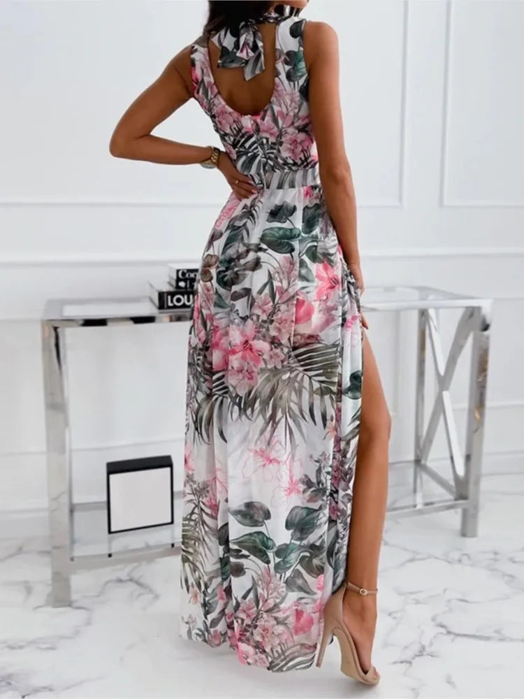 Chiffon Flower Print Sleeveless Long Dresses V-neck Backless Leace-up Slit Dress Temperament Summer Maxi Vestidos Female