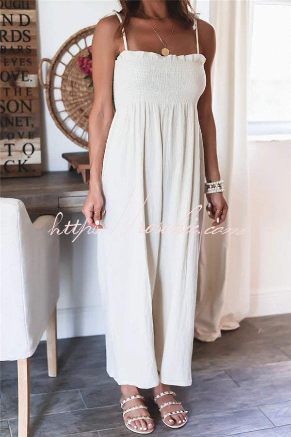 Color High Waist Linen Blend Suspender Pleated Jumpsuit
