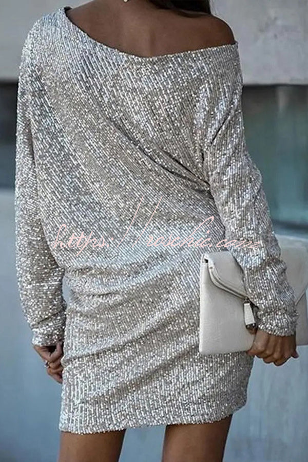 Sequined Off-shoulder Loose Mini Dress