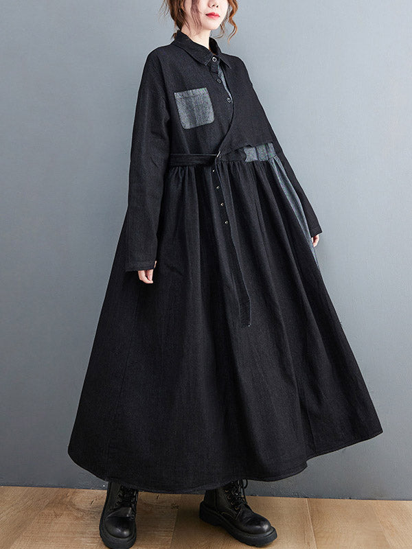 Original Loose Denim Split-joint Tied Lapel Collar Long Sleeves Midi Dress