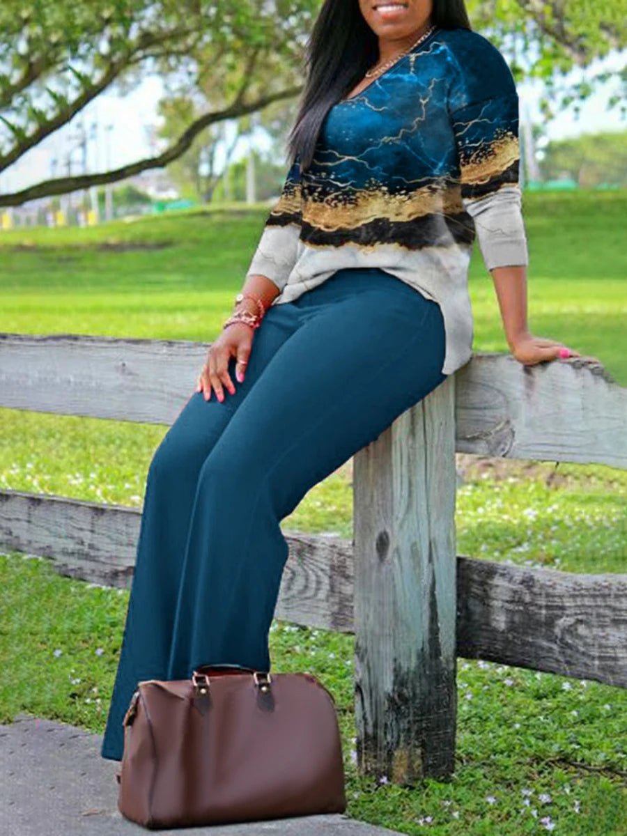 V Neck Mixed Print Side Split Pants Set Long Sleeve Top Loose Two Piece Set Outfit