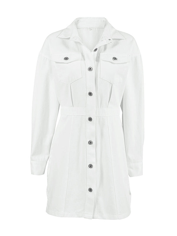 A-line Long Sleeves Buttoned Pockets Color Split-side Lapel Mini Dresses