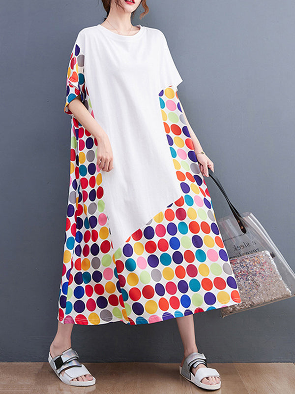 Loose Short Sleeves Multi-colored Polka-dot Split-joint Round-neck Midi Dresses