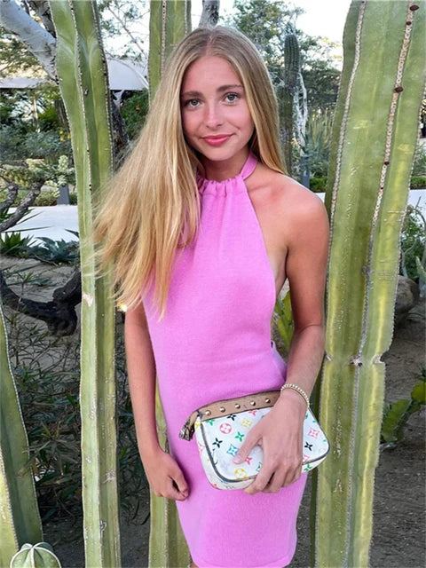 Summer Gradient Backless Knit Dress New Mini Beach Party Halter Dress Holiday Slim Stretch Sweater Dress