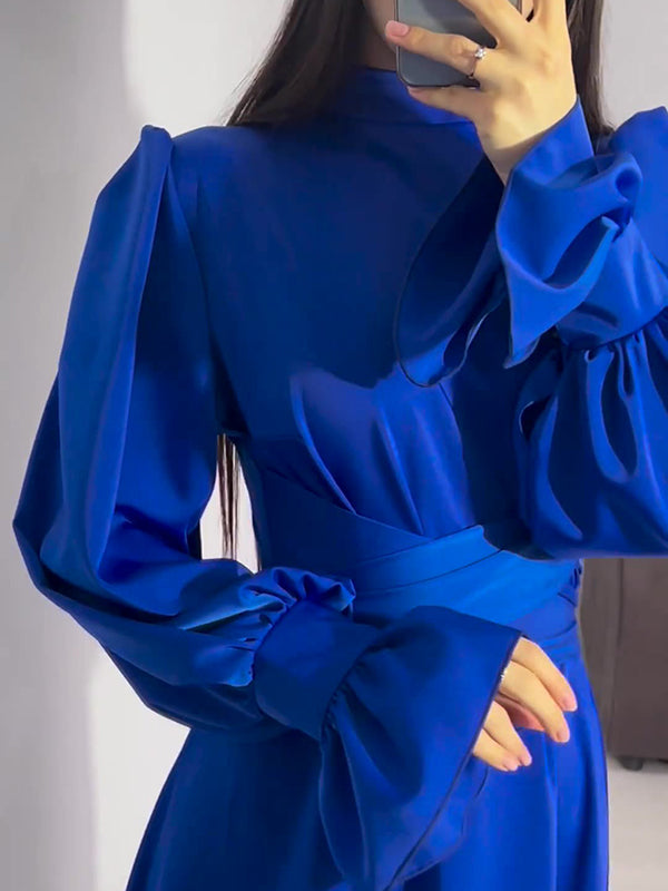 A-line Long Sleeves Pleated Color Tied Waist Zipper Mock Neck Maxi Dresses
