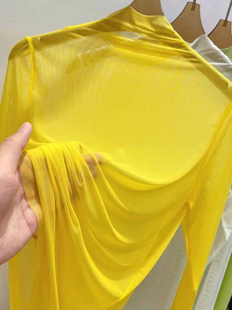 Transparent Gauze Bottoming T-shirt Clothing Summer Long Sleeved T-shirt With Gauze Shirt Half High Collar Sunscreen