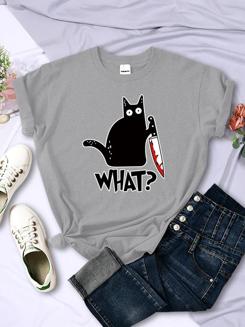 Kitchen Knife Black Cat Wha? Print Female Short Sleeve Breathable T-shirts Summer Cool Tee Clothes Street Hip Hop Tops