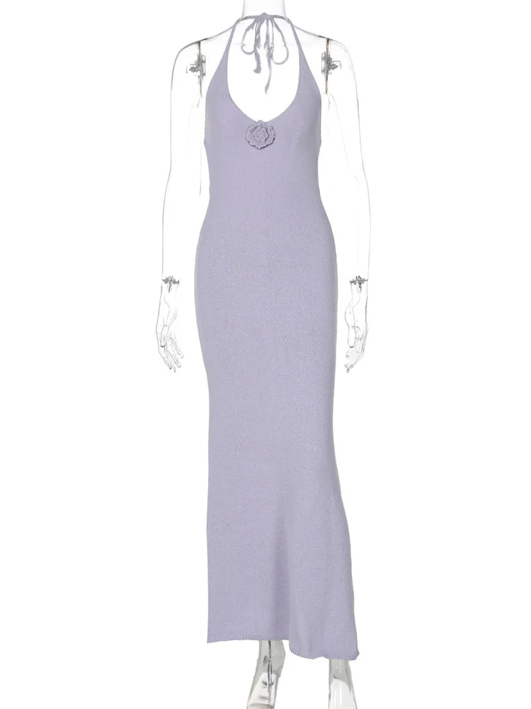 Autumn Knit Long Dress ’s Hollow Out Lace-up Scoop Neck Slim Patchwork Holiday Beach Dress Knitwear Maxi Dress