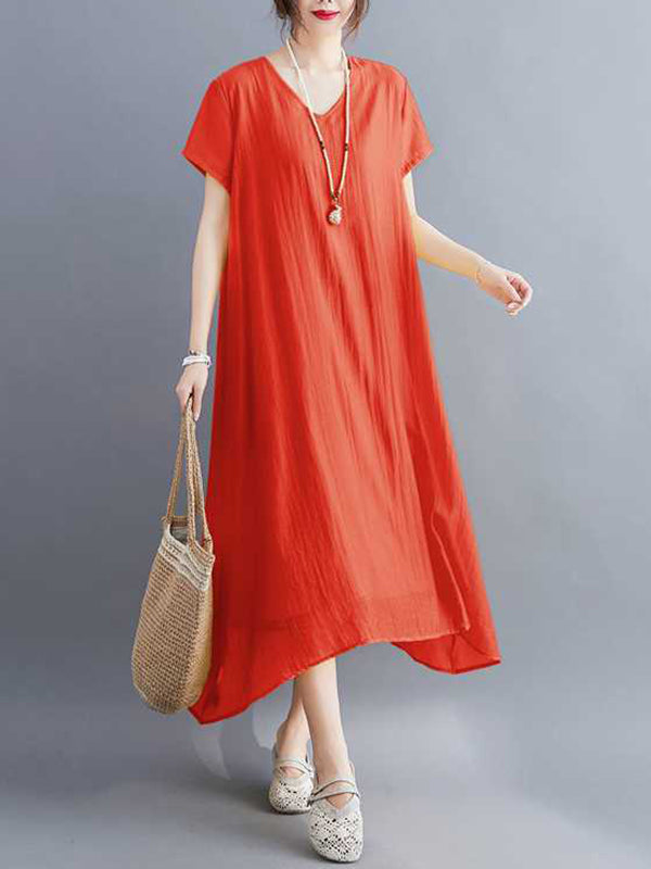 A-line Loose Color V-neck Midi Dresses