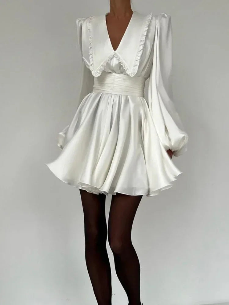Deep V Neck Folds Dress for Ruffles Turn Collar Belt Mini Dresses Lady Retro Party Evening Dress Female New