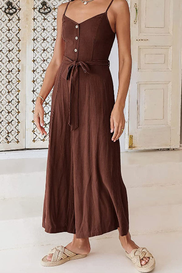 Sleeveless Spaghetti Strap V-neck Gathered Wide-leg Jumpsuit
