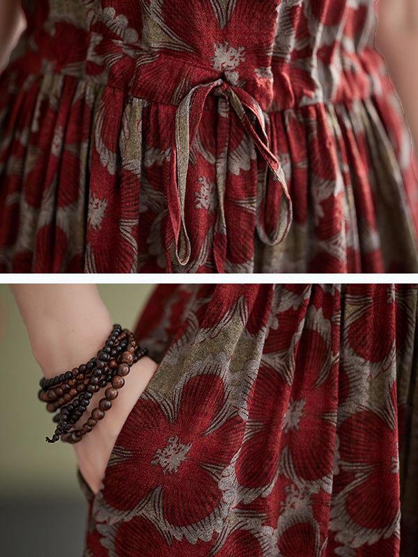 Loose Oversize Drawstring Printed Round-neck Midi Dresses