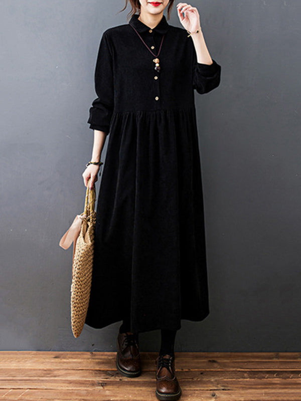 Split-joint Color Long Sleeves Lapel A-line Corduroy Midi Dress