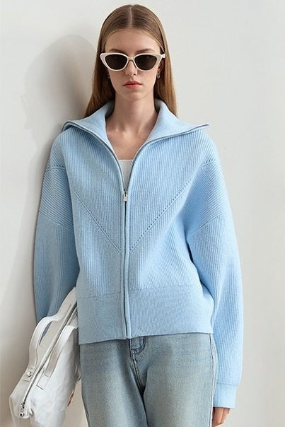 Naval-collar Zip Lazy-style Thick Knit Cardigan