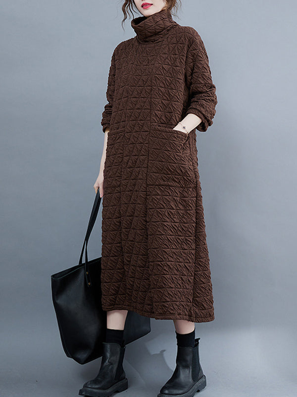 Long Sleeves Loose Color Textured High-neck Cotton Padded Midi Dresses