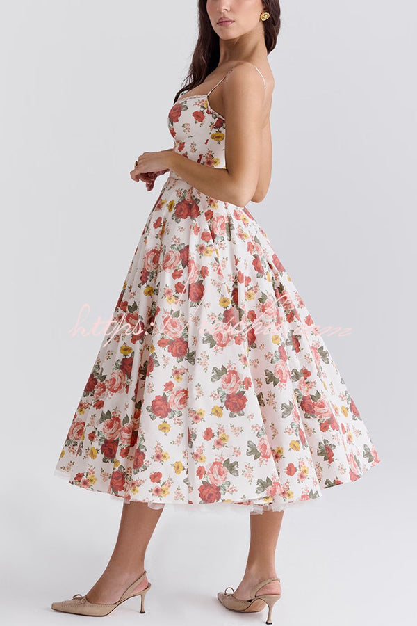 Fairy Tale Italian Rose Print Tulle Pocketed Slip Midi Dress