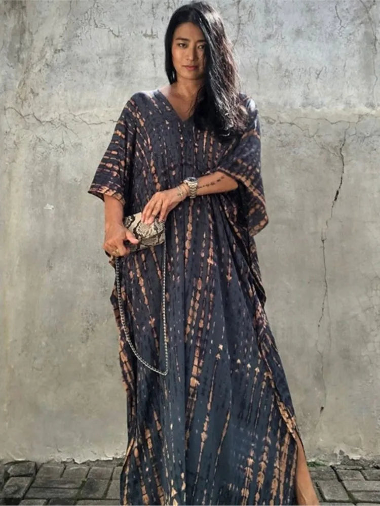 Striped Print Long Dresses V-neck Bat Sleeve Loose Slit Beach Dress Summer New Beachwear Vestidos