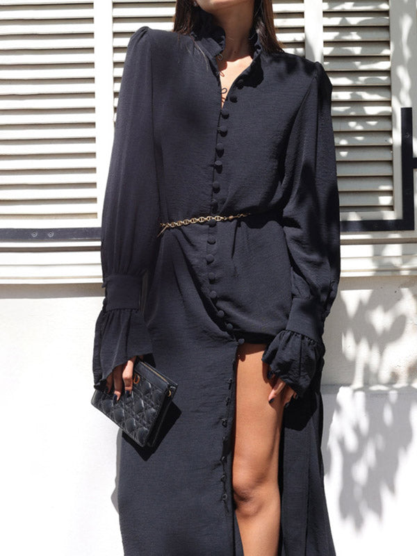 Flared Sleeves Long Sleeves Buttoned Color Split-side Stand Collar Midi Dresses Shirt Dress