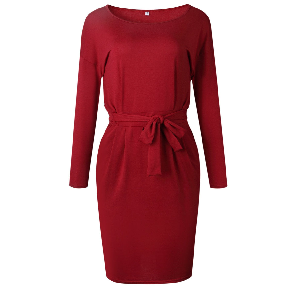 O Neck Midi Dress With Belt (long Sleeve)