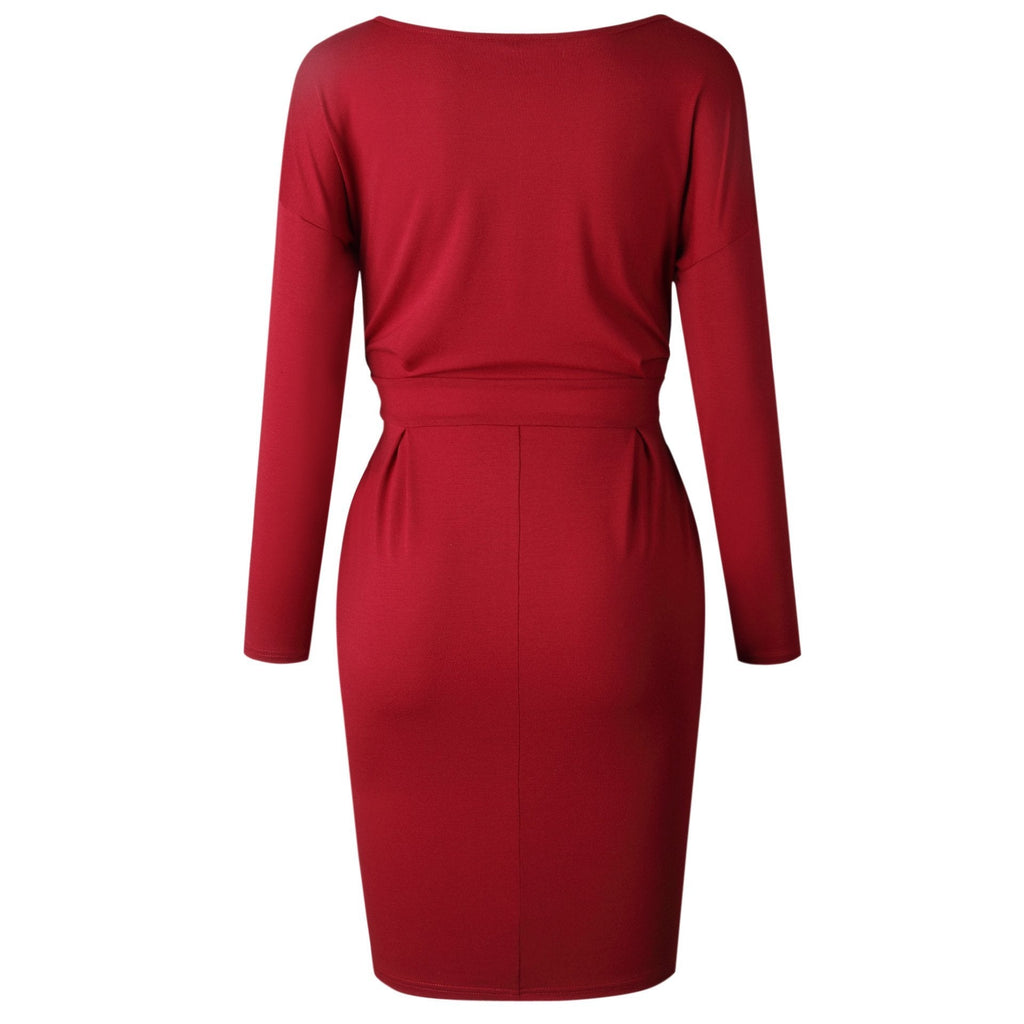 O Neck Midi Dress With Belt (long Sleeve)