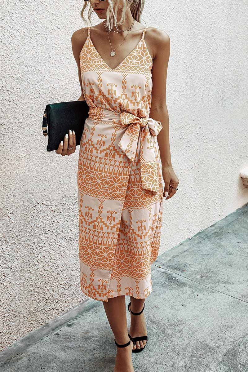 V Neck Print Midi Dress With Belts(4 Colors)