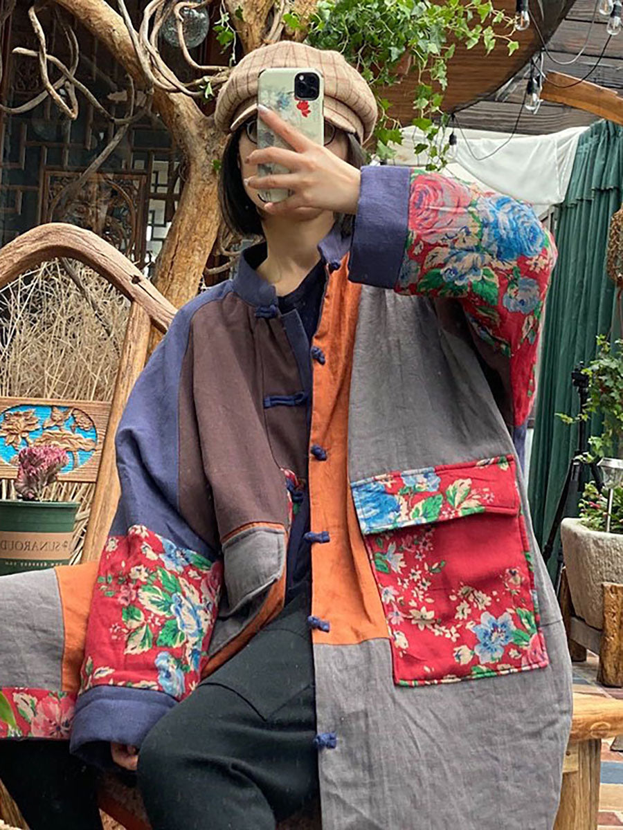 100% Cotton Stand Collar Patchwork Long Coat Qu014
