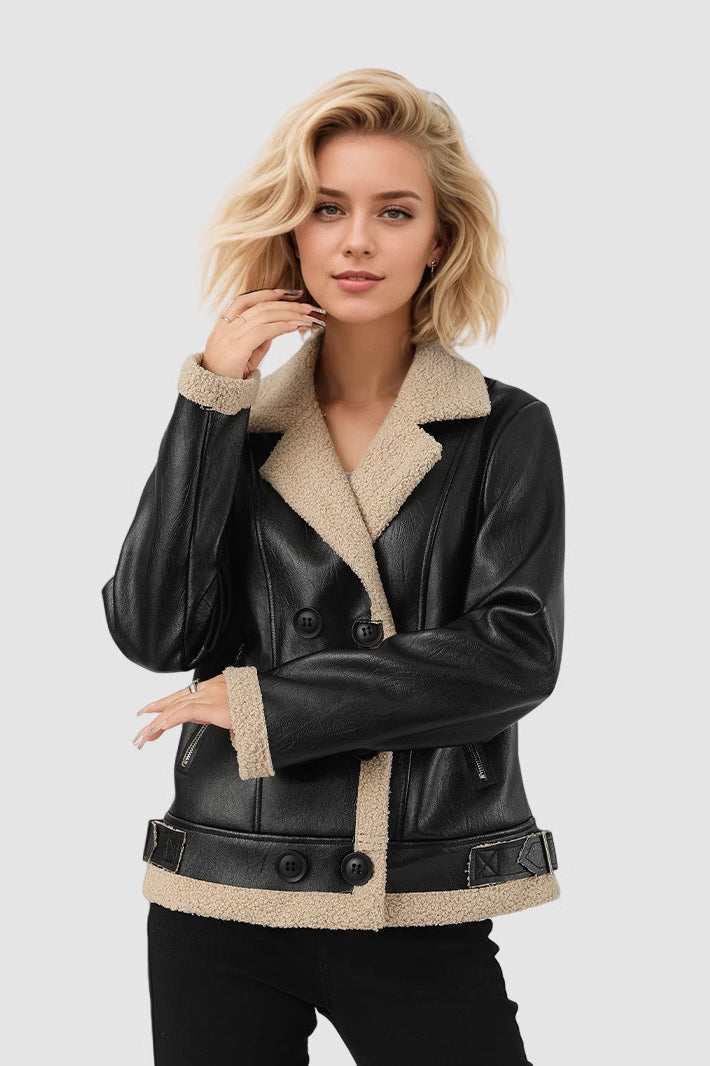 Custom Lapel Lined Pu Leather Coat