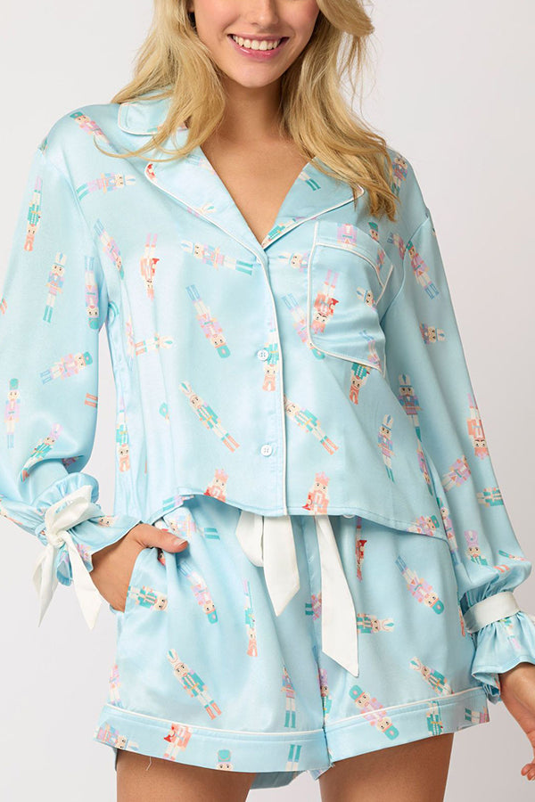 Christmas Print Lace-up Cuff Top and Elastic Waistband Pocket Shorts Set