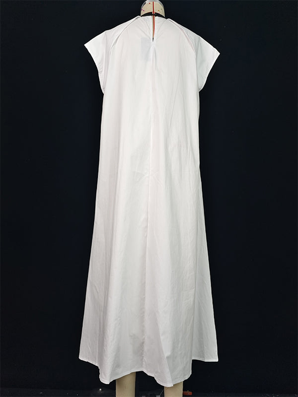 A-line Loose Pleated Tied Round-neck Midi Dresses