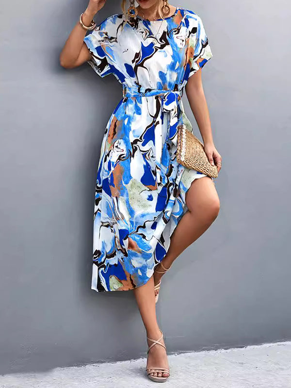 A-line Loose Hollow Printed Tied Waist Round-neck Midi Dresses