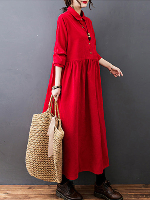 Split-joint Color Long Sleeves Lapel A-line Corduroy Midi Dress