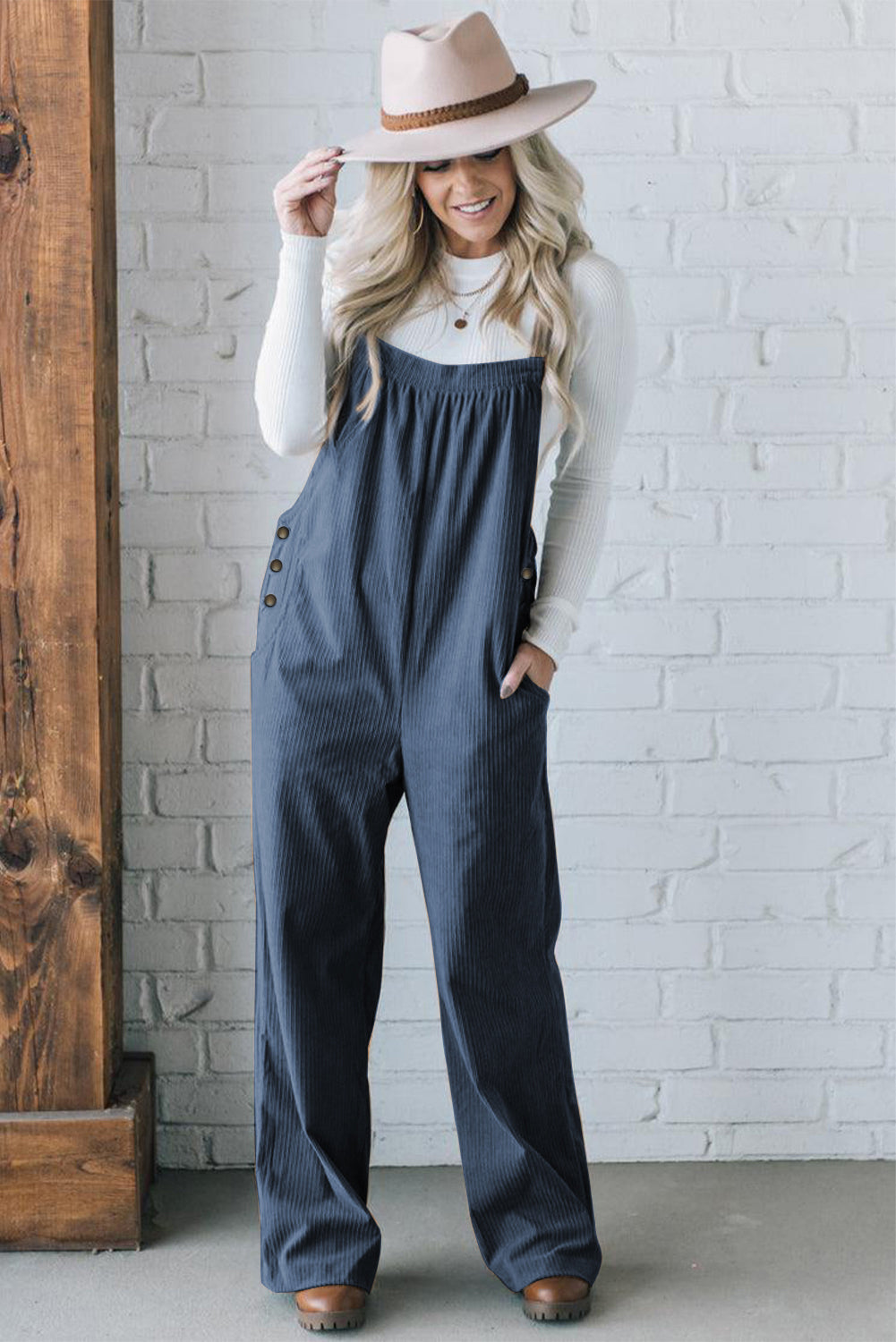 Color Pocketed Corduroy Overall