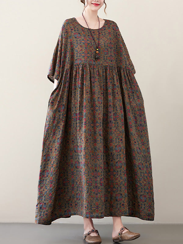 Vacation Loose Half Sleeves Printed Pleated Round-neck Midi Dresses
