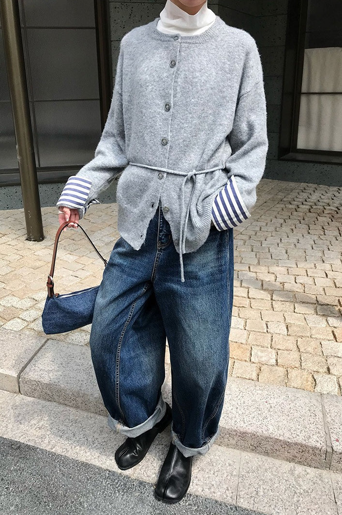 Color-block Belted Lazy-style Knit Cardigan