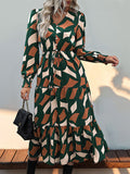 A-line Long Sleeves Buttoned Elasticity Pleated Printed Split-joint Tied Waist V-neck Midi Dresses
