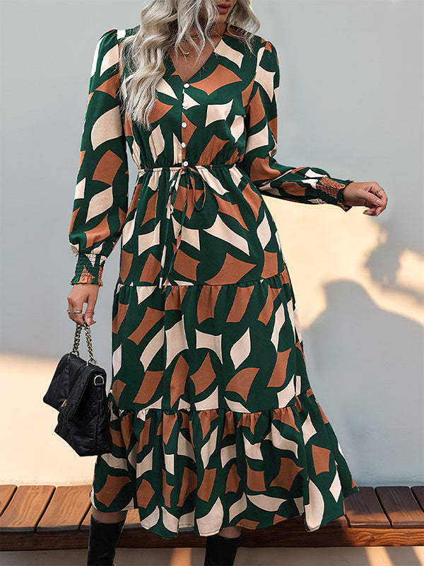 A-line Long Sleeves Buttoned Elasticity Pleated Printed Split-joint Tied Waist V-neck Midi Dresses