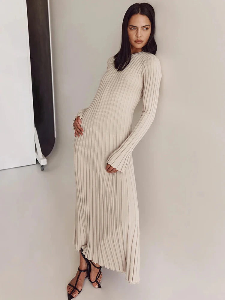 Lace-up Female Knit Maxi Dress – Autumn High Waist Patchwork Long Sleeve Bandage Knitwear Dress