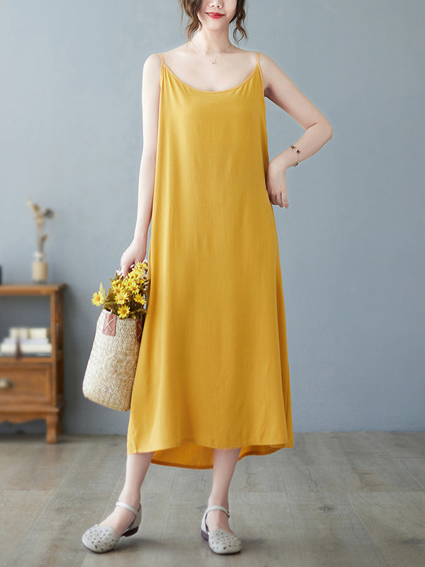 Loose Sleeveless Color Spaghetti-neck Midi Dresses