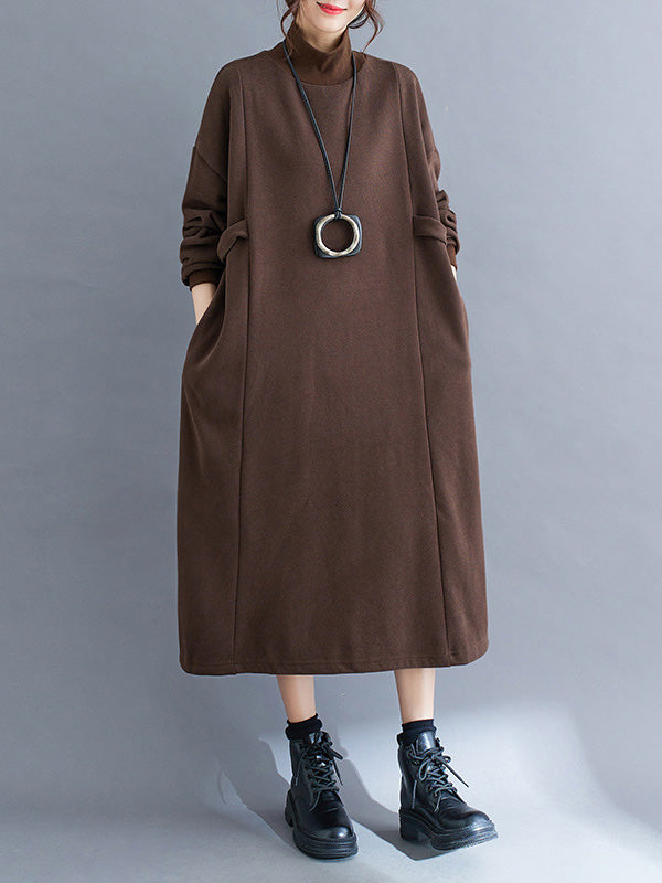 A-line Long Sleeves Color Mock Neck Midi Dresses
