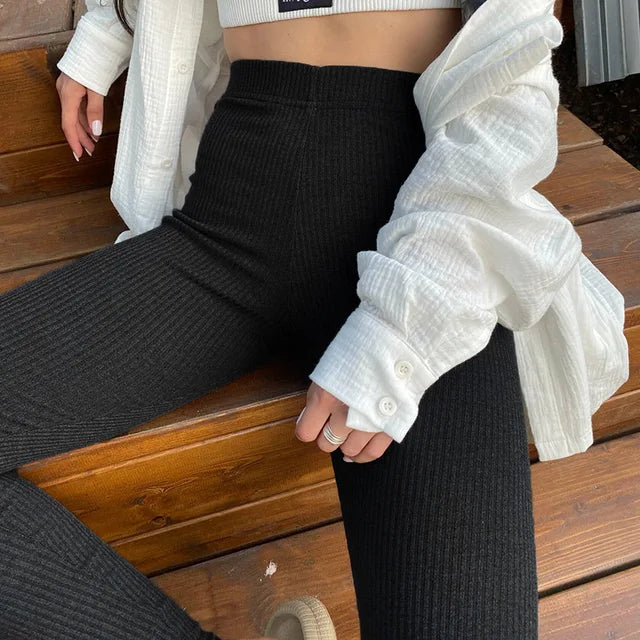 Beige Ribbed Knit Leggings High Waist Cotton Fitness Basic Pants Spring New All-match Female Skinny Leggings