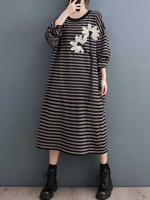A-line Long Sleeves Contrast Color Flower Print Keep Warm Striped Round-neck Midi Dresses