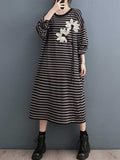 A-line Long Sleeves Contrast Color Flower Print Keep Warm Striped Round-neck Midi Dresses