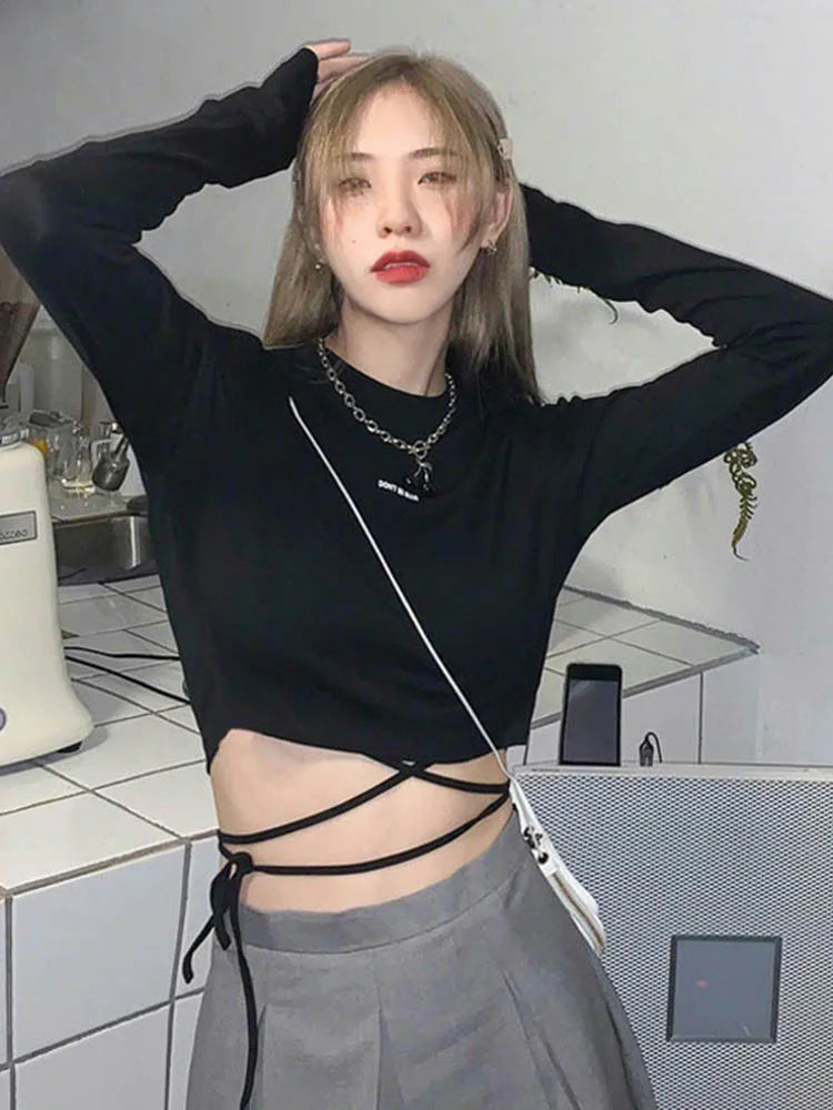 Long Sleeve T-shirts Design Crop Ins Prevalent Bandage Tops Harajuku Ulzzang Street Spring Female Ropa Hot Skinny New