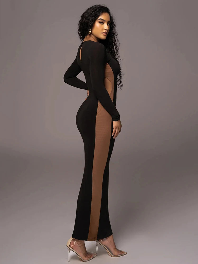 Autumn/winter Long Sleeve Hollow Out Split Dress for Bodycon Elastic Tight Maxi Dress Female Party Club Vestidos